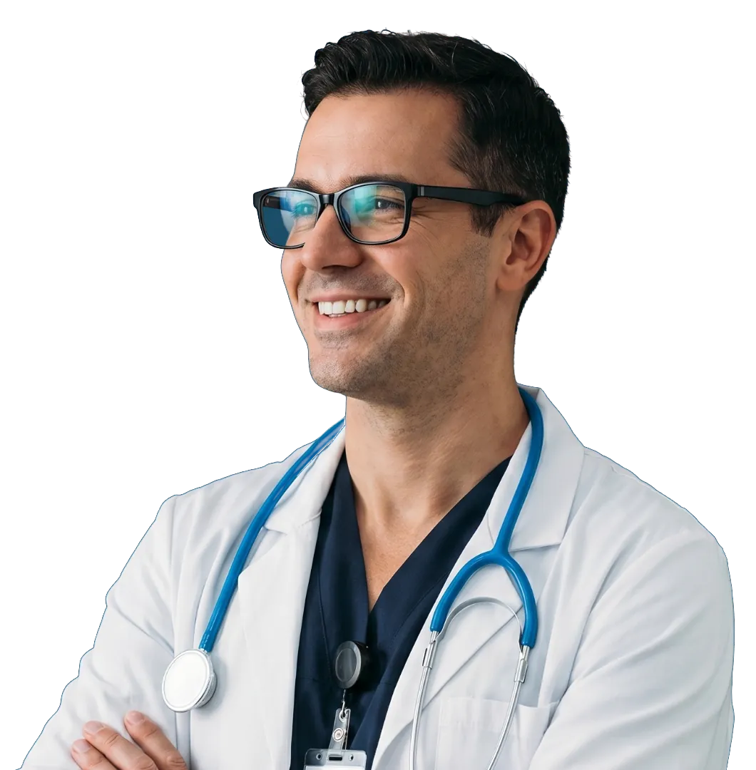 Médico sorrindo, de jaleco e estetoscópio