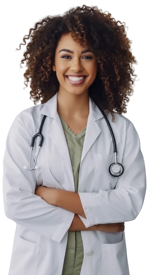 Médica sorrindo, de jaleco branco e estetoscópio